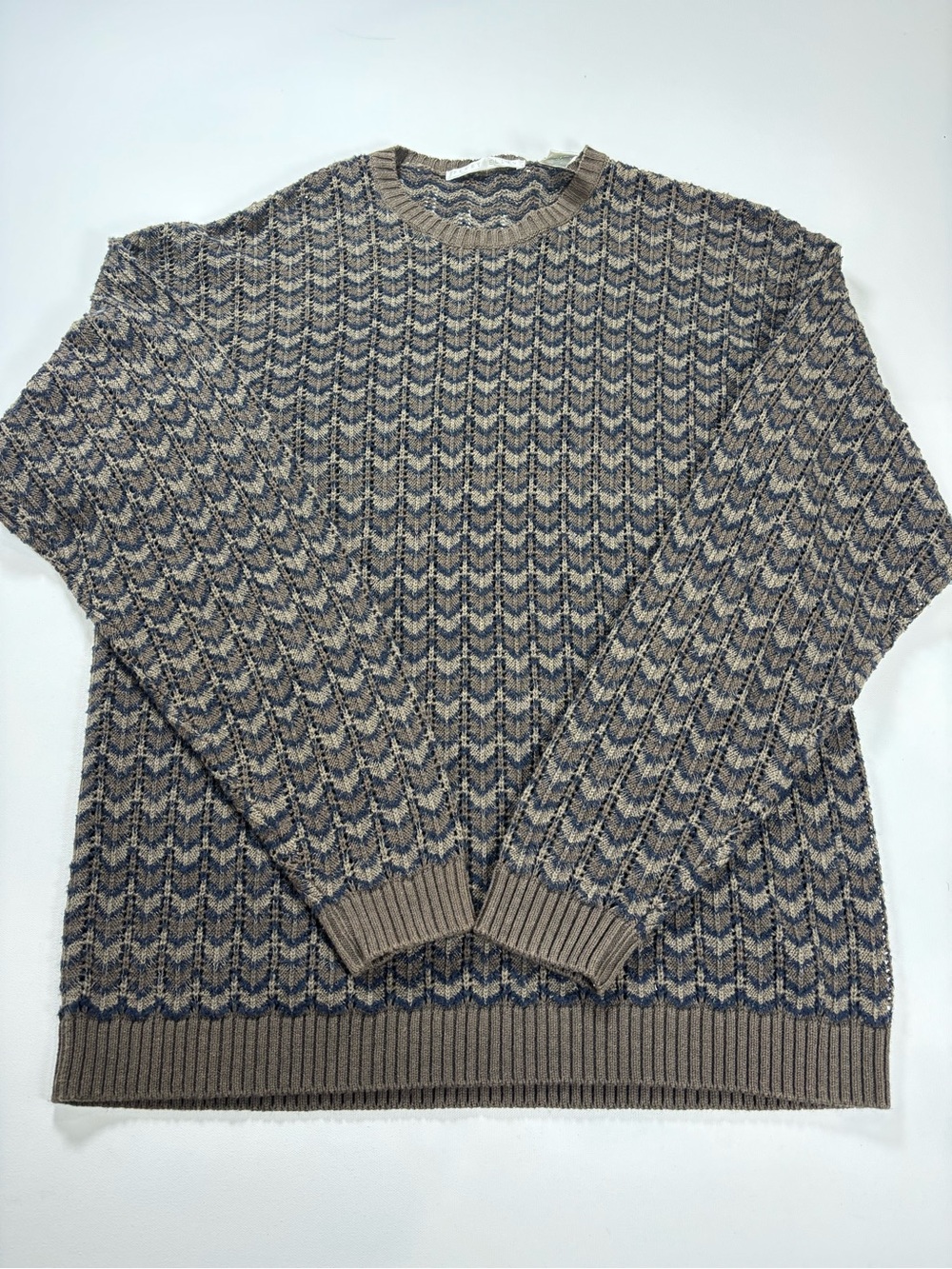 Perry Ellis Taupe and Navy Patterned Crewneck Sweater